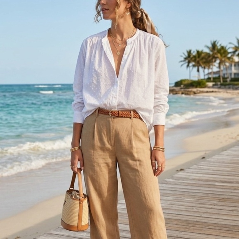 Mille Resort White Swiss Dot Cotton Button Down Blouse S Coastal Euro Summer